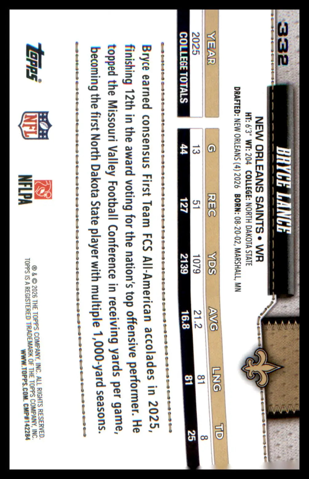 2026 Topps Flagship Football Rookies #332 Bryce Lance - Football Card Single