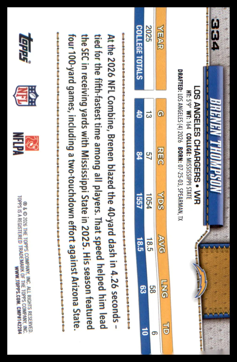 2026 Topps Flagship Rookie Card #334 Brenen Thompson - Football Card Single