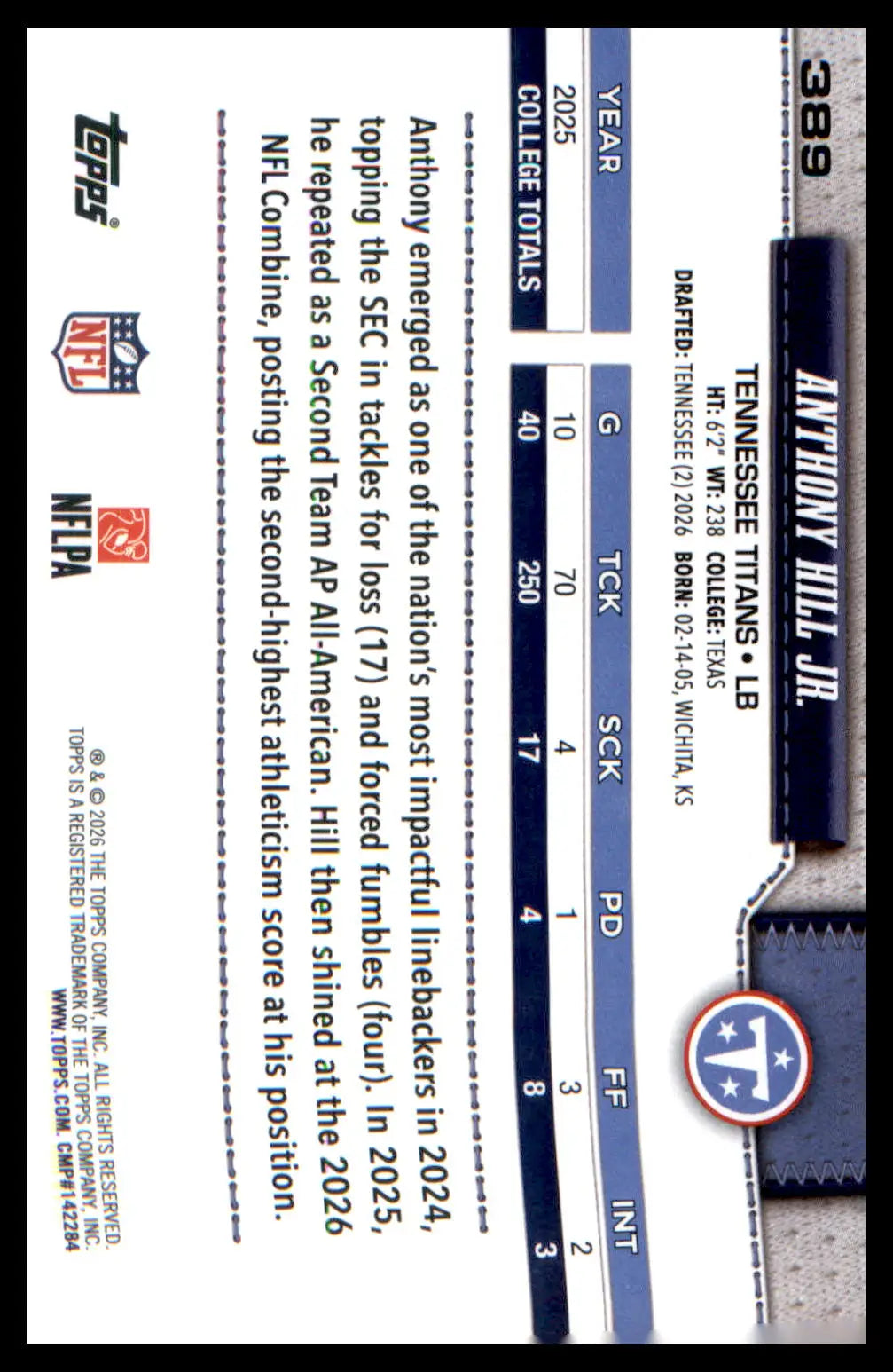 2026 Topps Flagship Rookie Card #389 Anthony Hill Jr. - Football Card Single