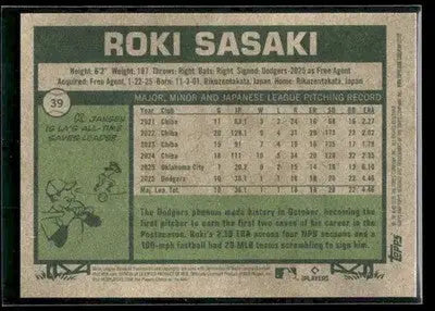 2026 Topps Heritage Roki Sasaki #39 Los Angeles Dodgers - Baseball Card Single