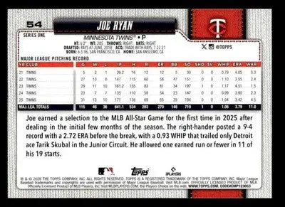 2026 Topps Joe Ryan #54 Minnesota Twins - Baseball Card Single