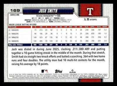 2026 Topps Josh Smith #169 Texas Rangers - Baseball Card Single