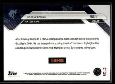 2026 Topps Now Rising Stars Cam Spencer #RS14 PR 7287 Memphis Grizzlies - Basketball Card Single