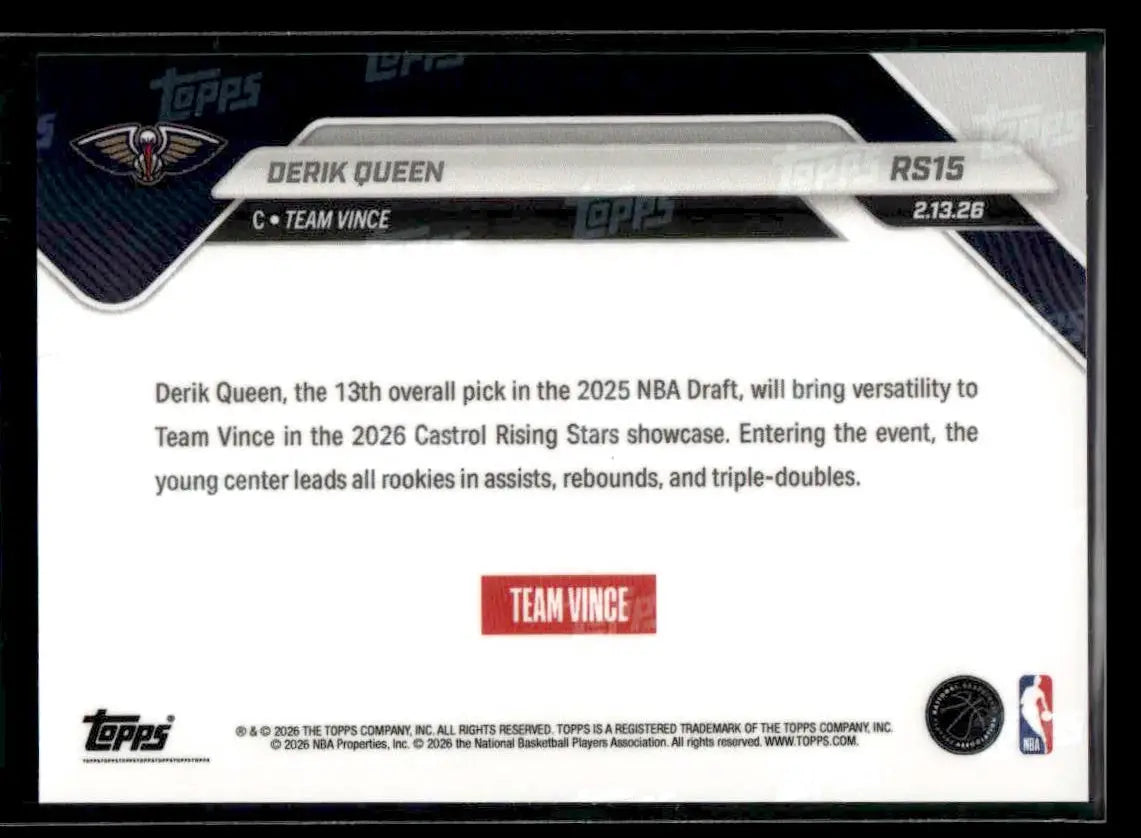2026 Topps Now Rising Stars Derik Queen #RS15 PR 7287 RC New Orleans Pelicans - Basketball Card Single