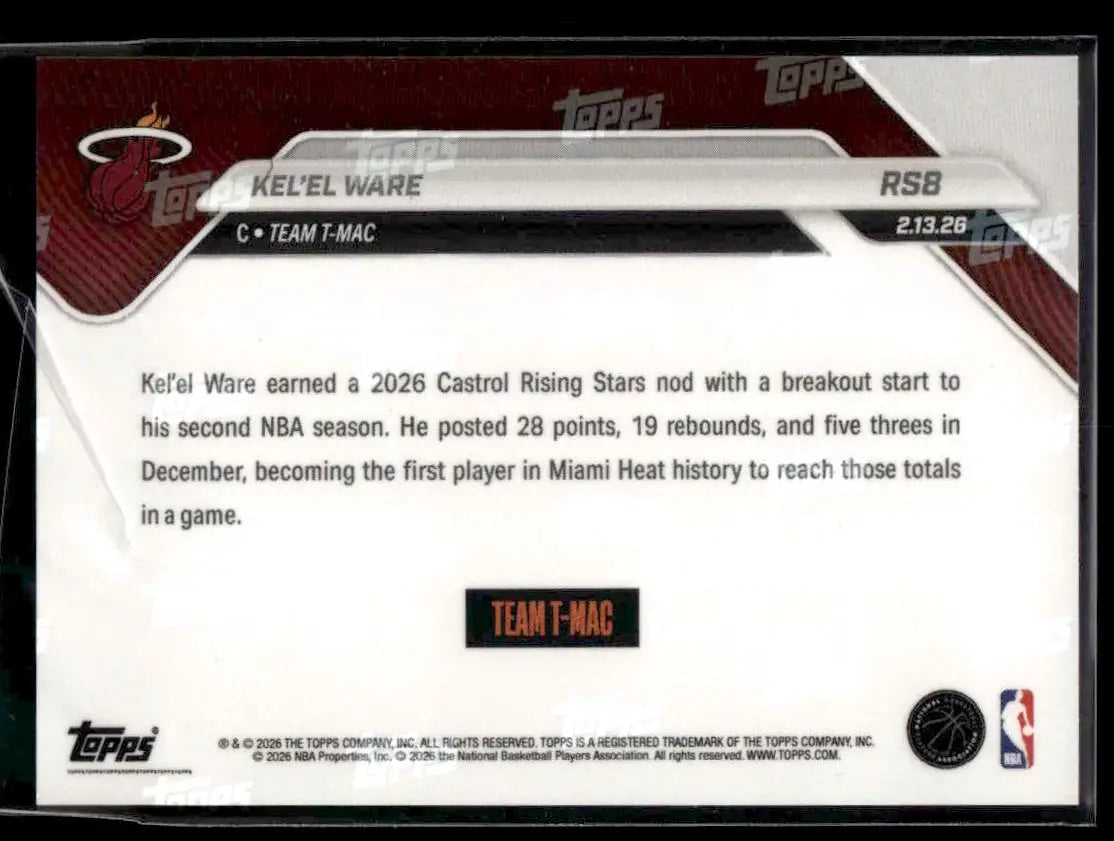 2026 Topps Now Rising Stars Kel’El Ware #RS8 Rising Stars Parallel SSP Heat - Basketball Card Single