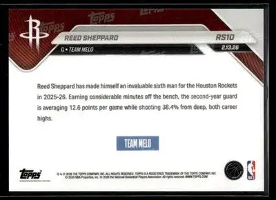 2026 Topps Now Rising Stars Reed Sheppard #RS10 PR 7287 Houston Rockets