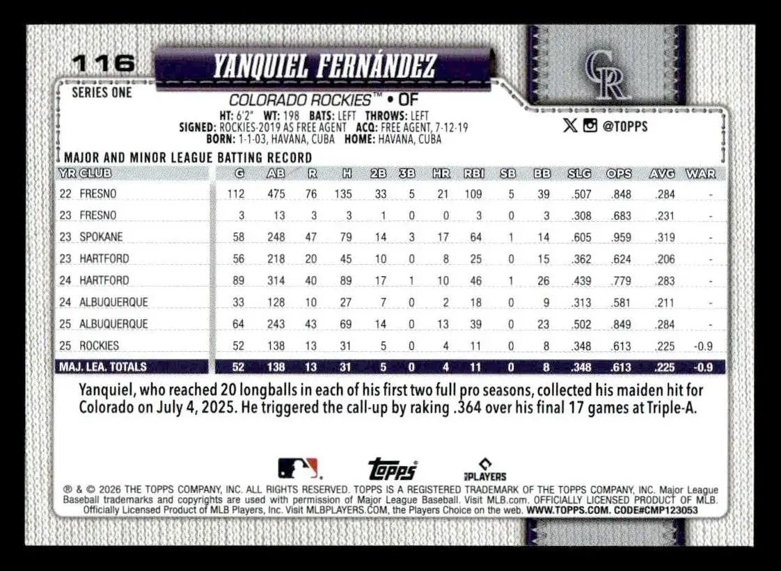2026 Topps Yanquiel Fernández #116 RC Colorado Rockies