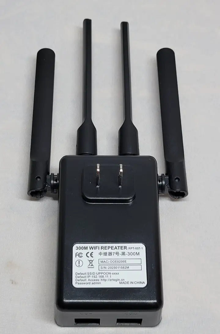 Black 300Mbps WiFi Range Extender with dual antennas and US plug for enhanced wifi range