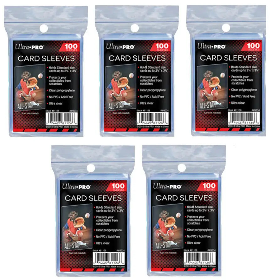 Five packages of Ultra PRO Soft Card Penny Sleeves for sports trading cards