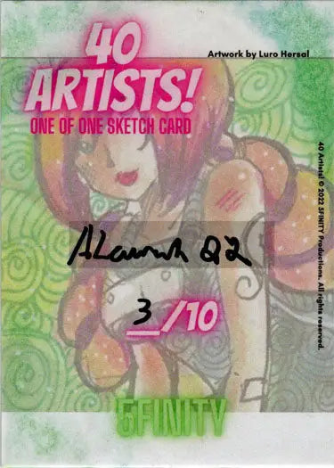 Stylized pink-haired cartoon character on a sketch card by Aaron Laurich with green background