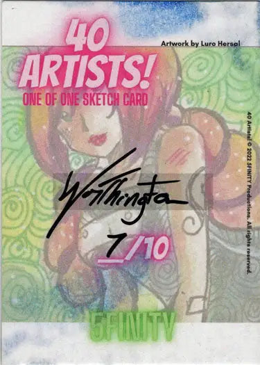 Stylized cartoon figures on a sketch card with a pink and green background by Jason Worthington