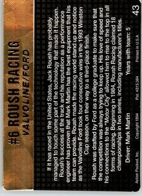 #6 Roush Racing - 1994 Action Packed - #43 - Racing - Racing Card Single
