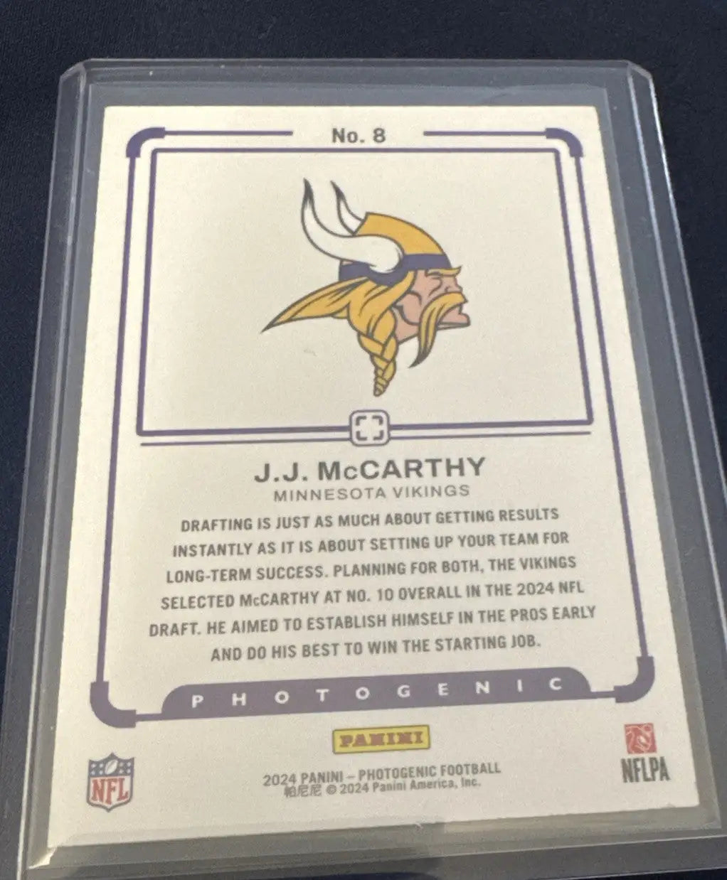 J.J. McCarthy football card from Panini Photogenic Minnesota Vikings trading cards