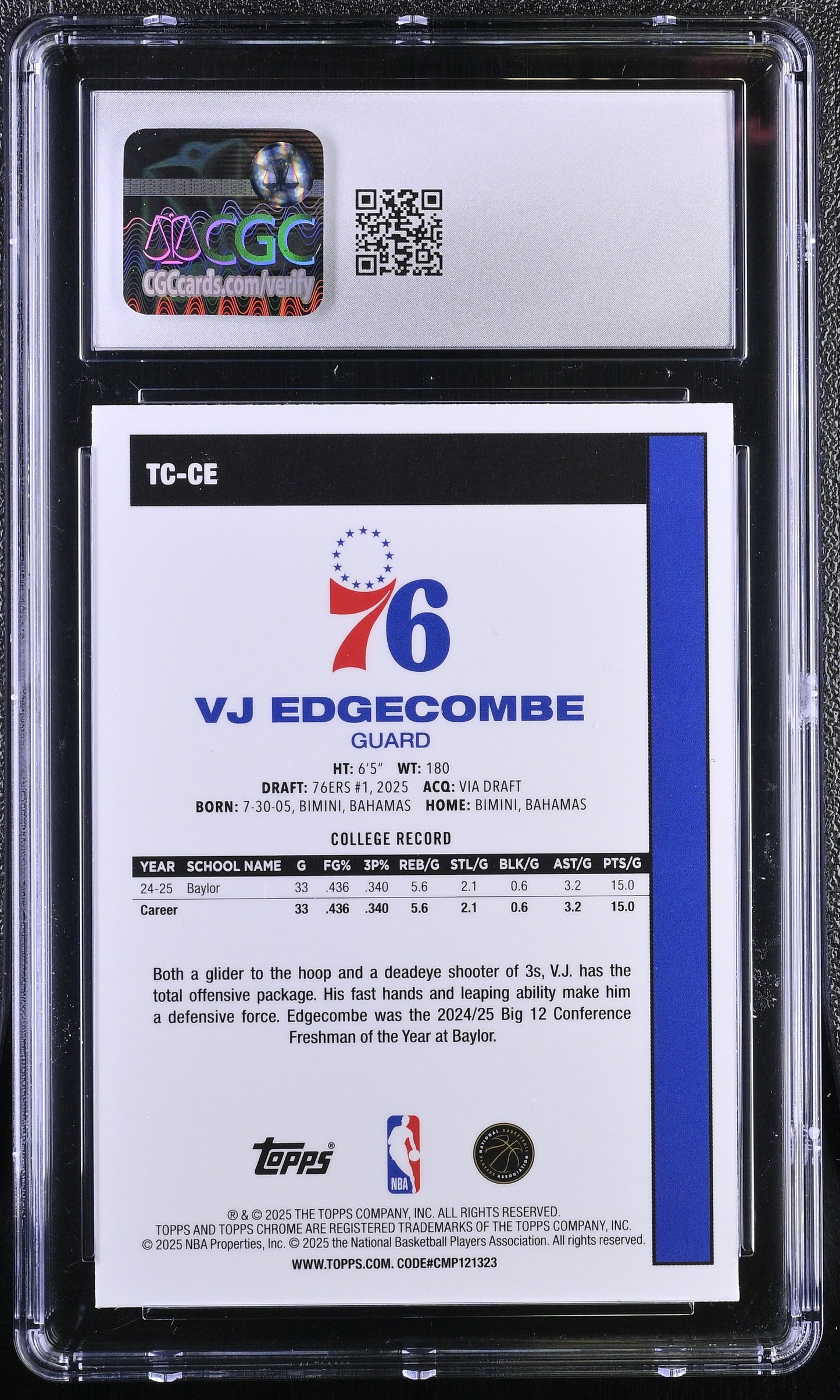 2025-26 Topps Basketball #TC-CE VJ Edgecombe Silver Pack CGC 9 Mint Chrome RC #23