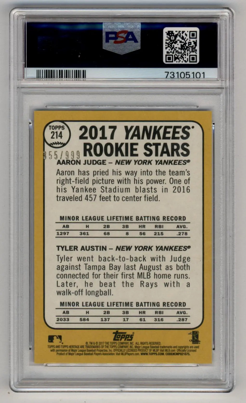 Aaron Judge Tyler Austin 2017 Topps Heritage Chrome rookie card PSA 10 Gem Mint