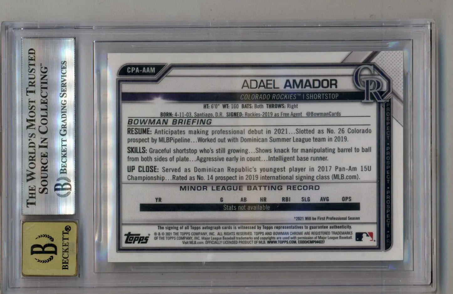 Baseball trading card Adael Amador Bowman Chrome Gold Shimmer Refractor in protective slab