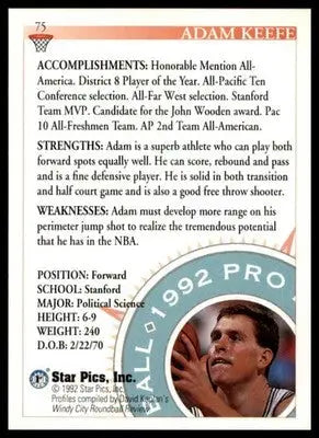 Adam Keefe 1992 Star Pics #75 Stanford Cardinal - Basketball Card Single