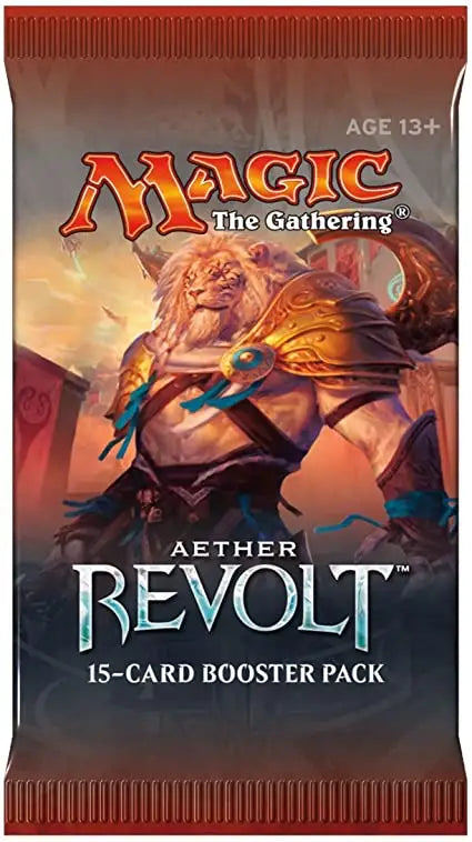 Aether Revolt booster pack showcasing mechanical creature artwork in red and orange