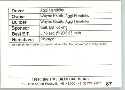 Aggi Hendriks - 1991 Big Time Drag - #87 - Racing - Racing Card Single