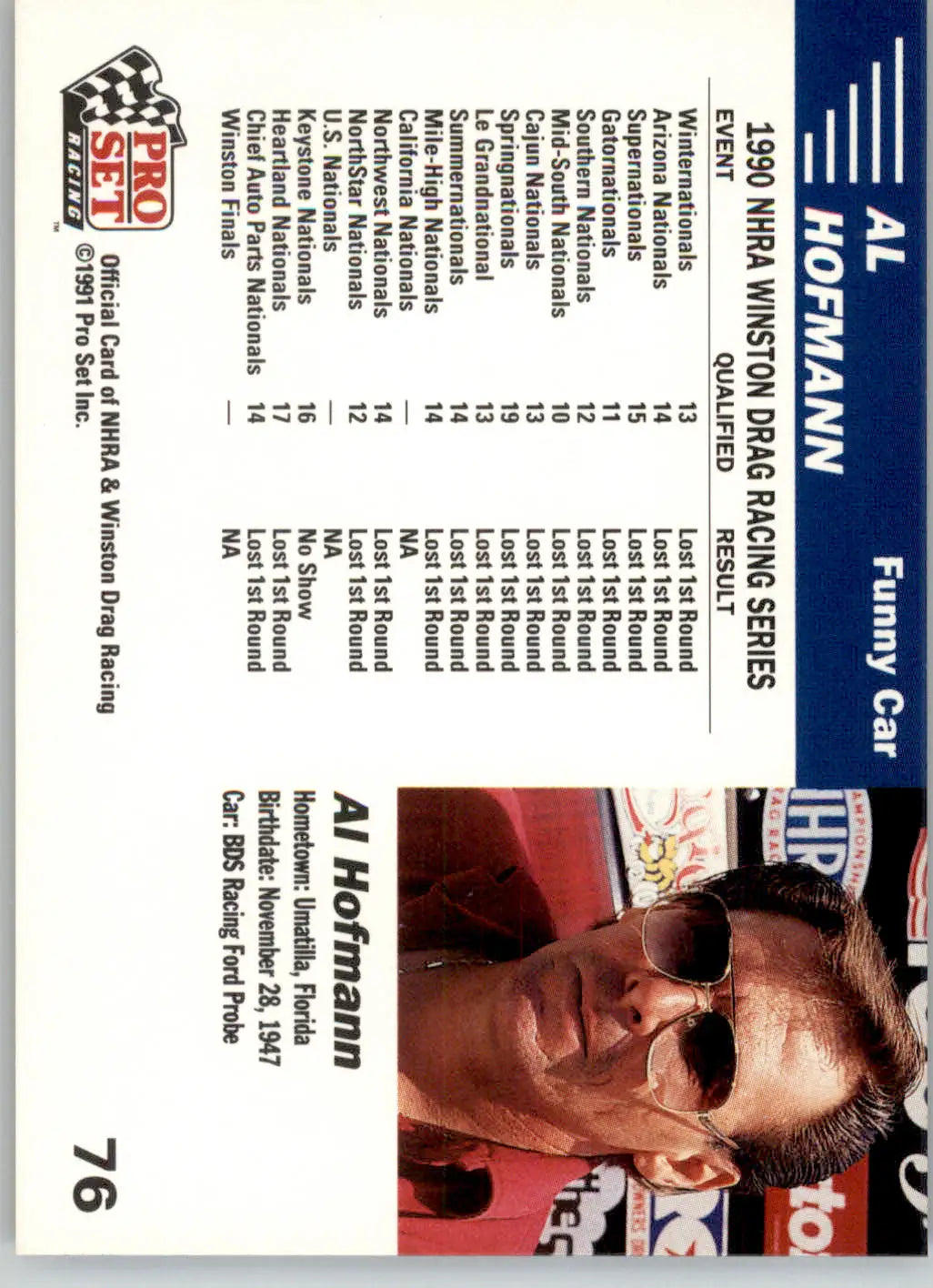 Al Hofmann’s Car - 1991 Pro Set NHRA - #76 - Racing - Racing Card Single