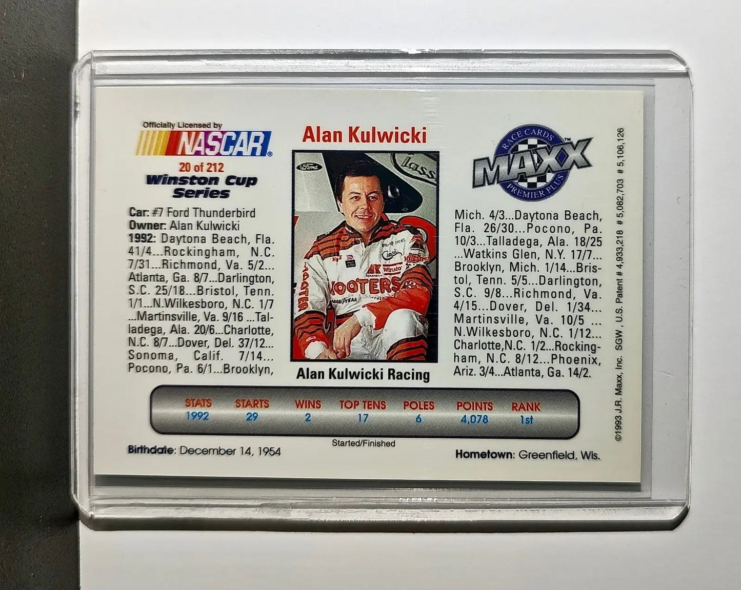 Alan Kulwicki 1993 Maxx Premier Plus Racing #20 NASCAR Card AK Racing
