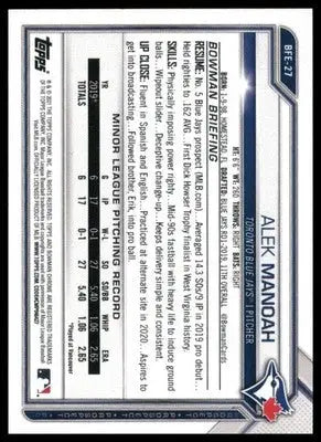 Alek Manoah 2021 Bowman 1st Edition #BFE-27 Toronto Blue Jays - Baseball Card Single