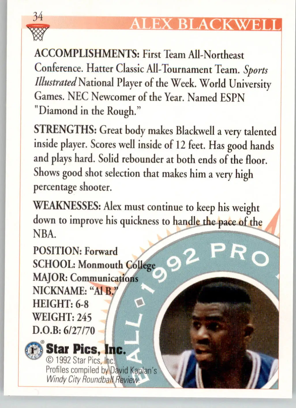 Alex Blackwell - 1992 Star Pics - #34 - Basketball - Basketball Card Single