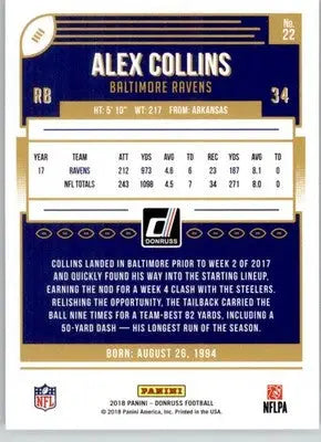 Alex Collins - 2018 Donruss - #22 - Football - Football Card Single