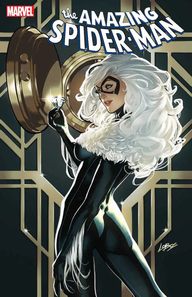 Comic book cover of Amazing Spider-Man #52 with Black Cat in dynamic pose against art deco