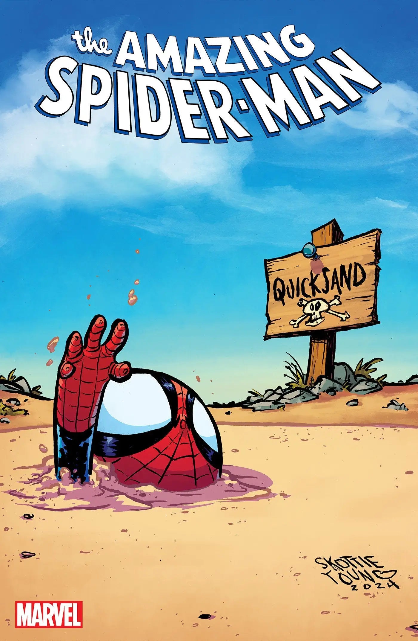 Spider Man sinking in quicksand from Amazing Spider-Man #68 Skottie Young variant
