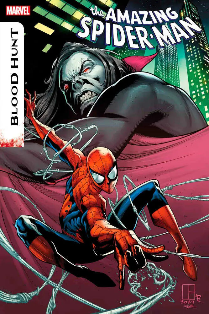 Spider-Man swings in Amazing Spider-Man: Blood Hunt #1 with Morbius looming behind