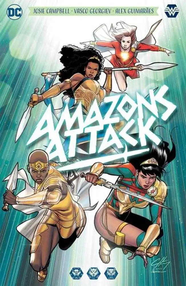 Comic book cover for Amazons Attack TPB featuring superheroes in dynamic action poses