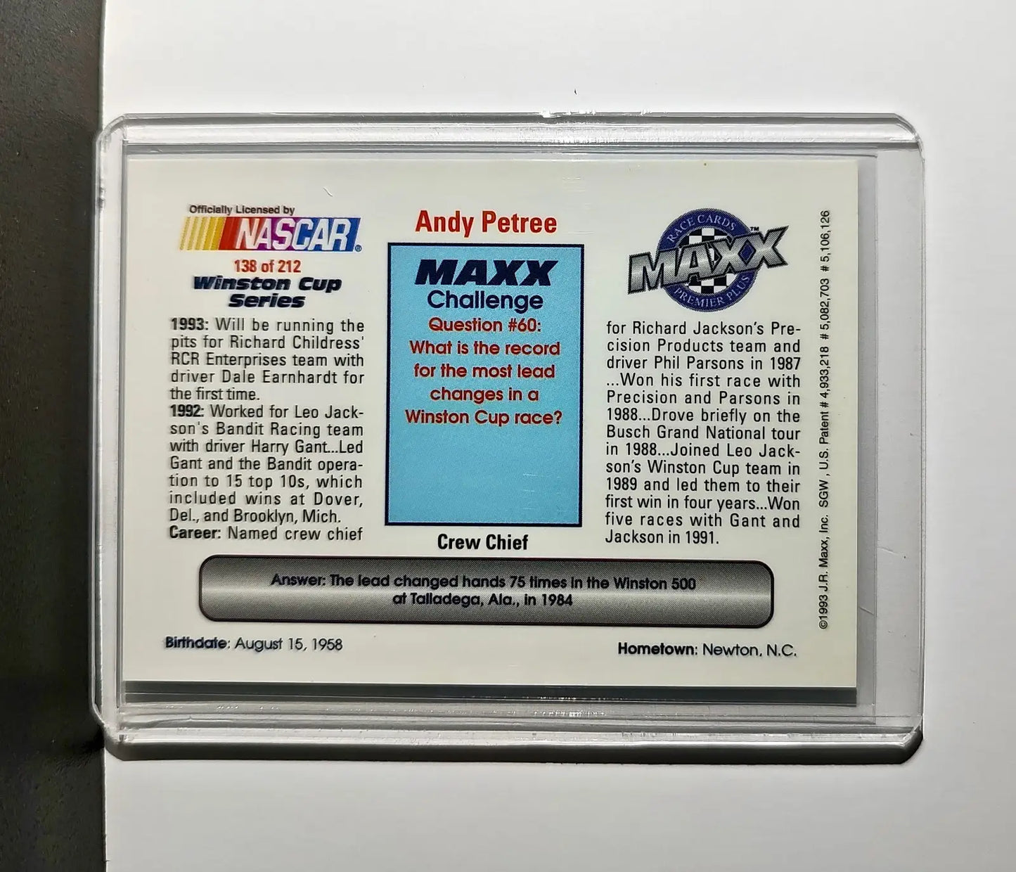 Andy Petree 1993 Maxx Premier Plus Racing #138 NASCAR Leo Jackson Motorsports - Racing Card Single