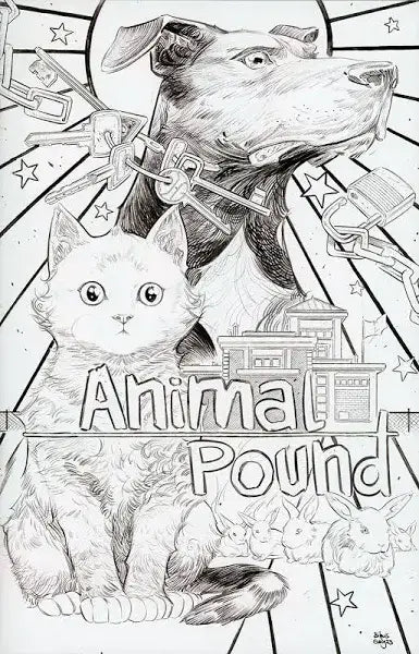 Pencil sketch of dog, cat, fish with Animal Pound text for trading cards cover art