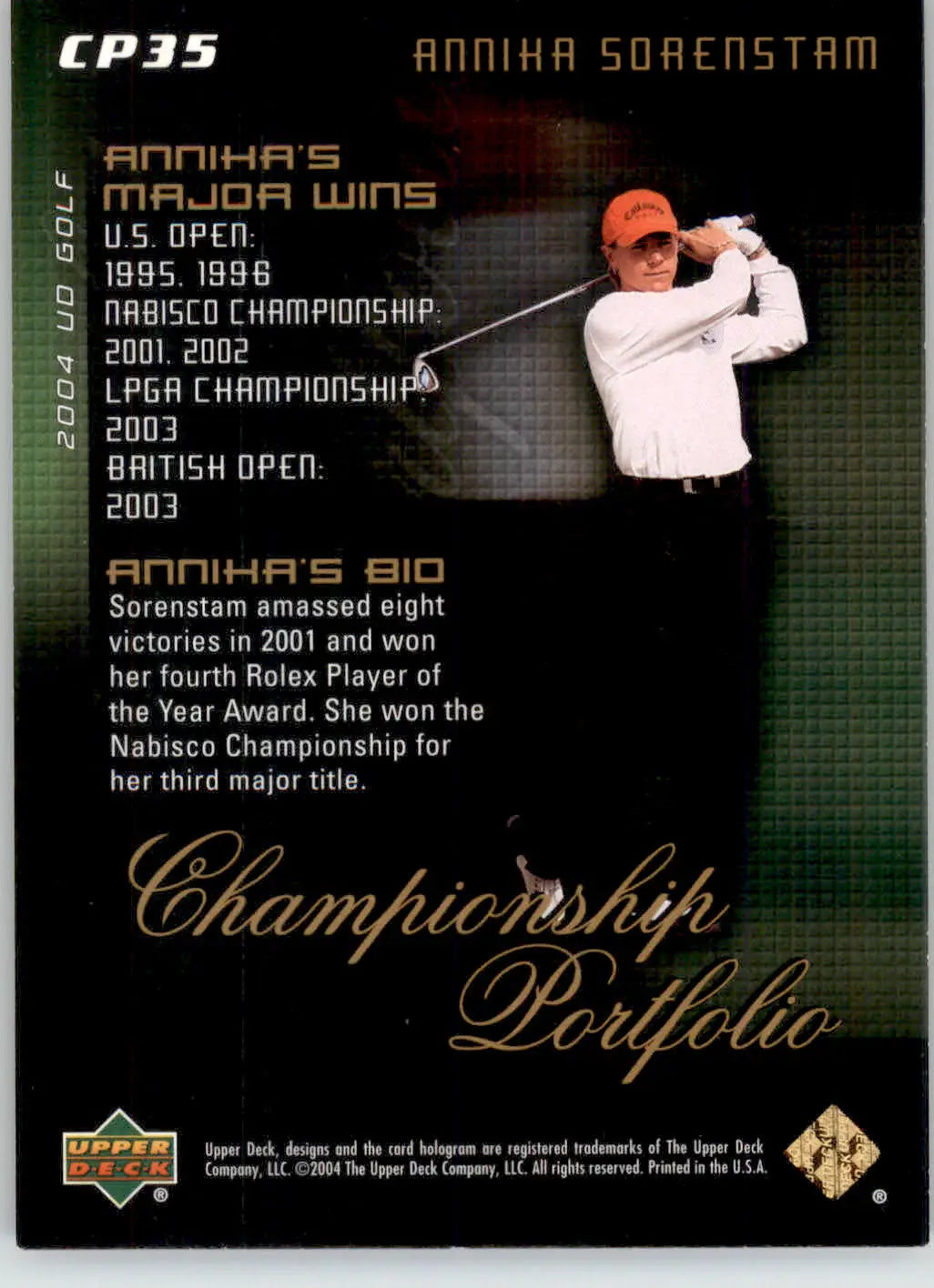 Annika Sorenstam - 2004 Upper Deck - #CP35 - Champion Portfolio Golf - Golf Card Single