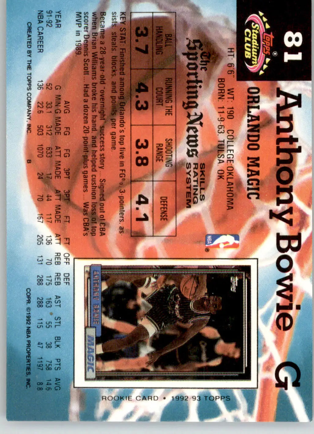 Anthony Bowie - 1992-93 Stadium Club - #81 - Basketball - Basketball Card Single