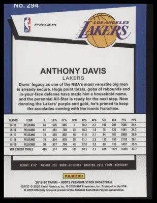 Anthony Davis 2019-20 Hoops Premium Silver Laser #294 Los Angeles Lakers - Basketball Card Single