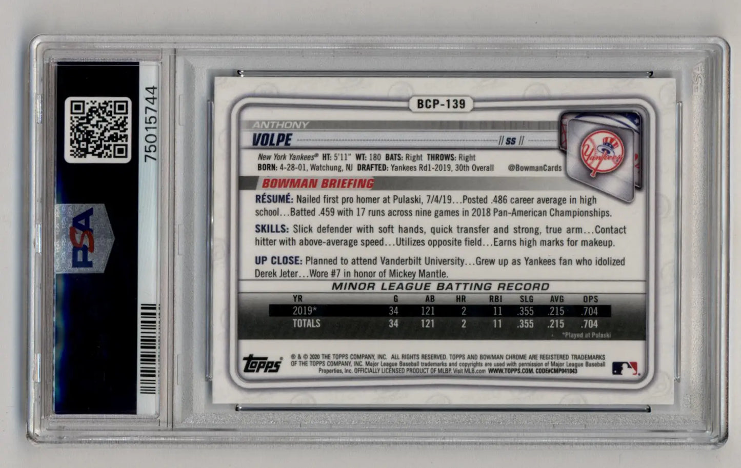 Anthony Volpe Bowman Chrome Sapphire trading card with batting record and Bowman Briefing
