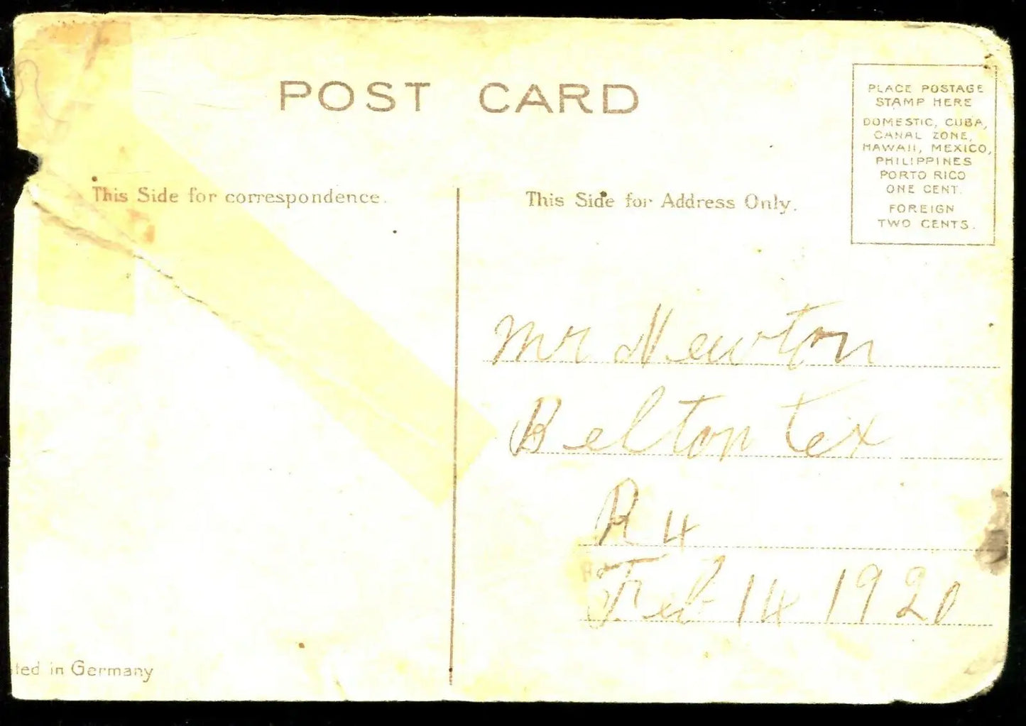 Antique German Valentine Post Card with heartiest congratulations from 1920 Belton TX