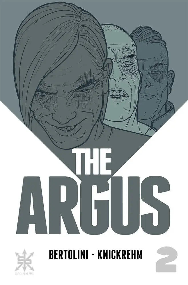 Comic book cover for Argus 2 with three faces in a heart, illustrated in gray tones