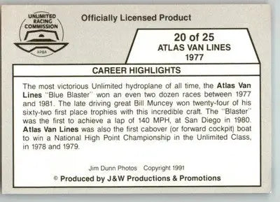 Atlas Van Lines 1977 - 1991 APBA Thunder on the Water - #20 - Racing - Racing Card Single