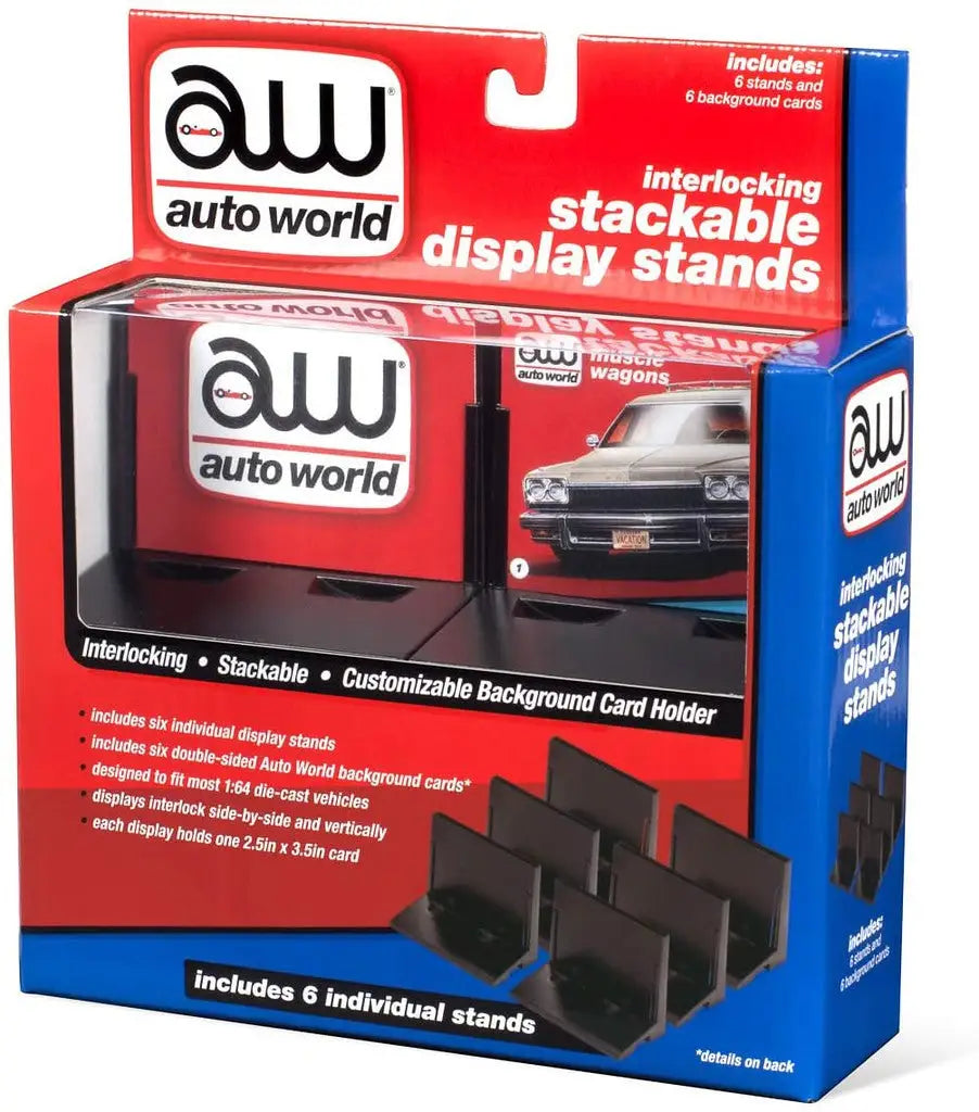 Interlocking display stands for Auto World model cars in retail packaging