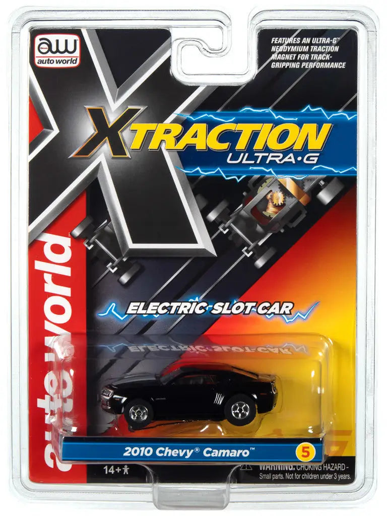 Packaged Auto World SC373 R35 Slot Car model of a black 2010 Chevy Camaro