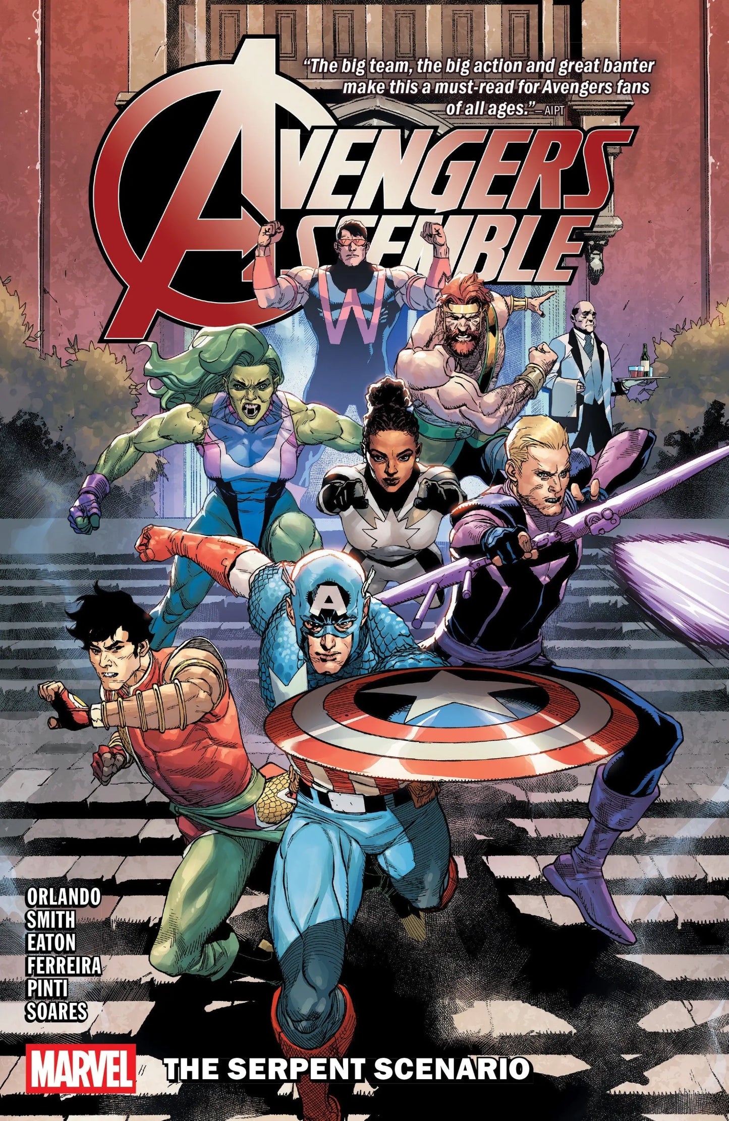 Avengers Assemble comic book cover featuring Captain America and Avengers Mansion artwork