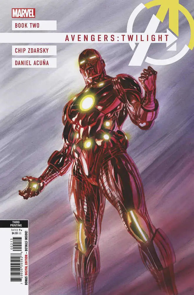 Red and gold armored superhero suit in combat pose, featured in Avengers: Twilight #2 variant