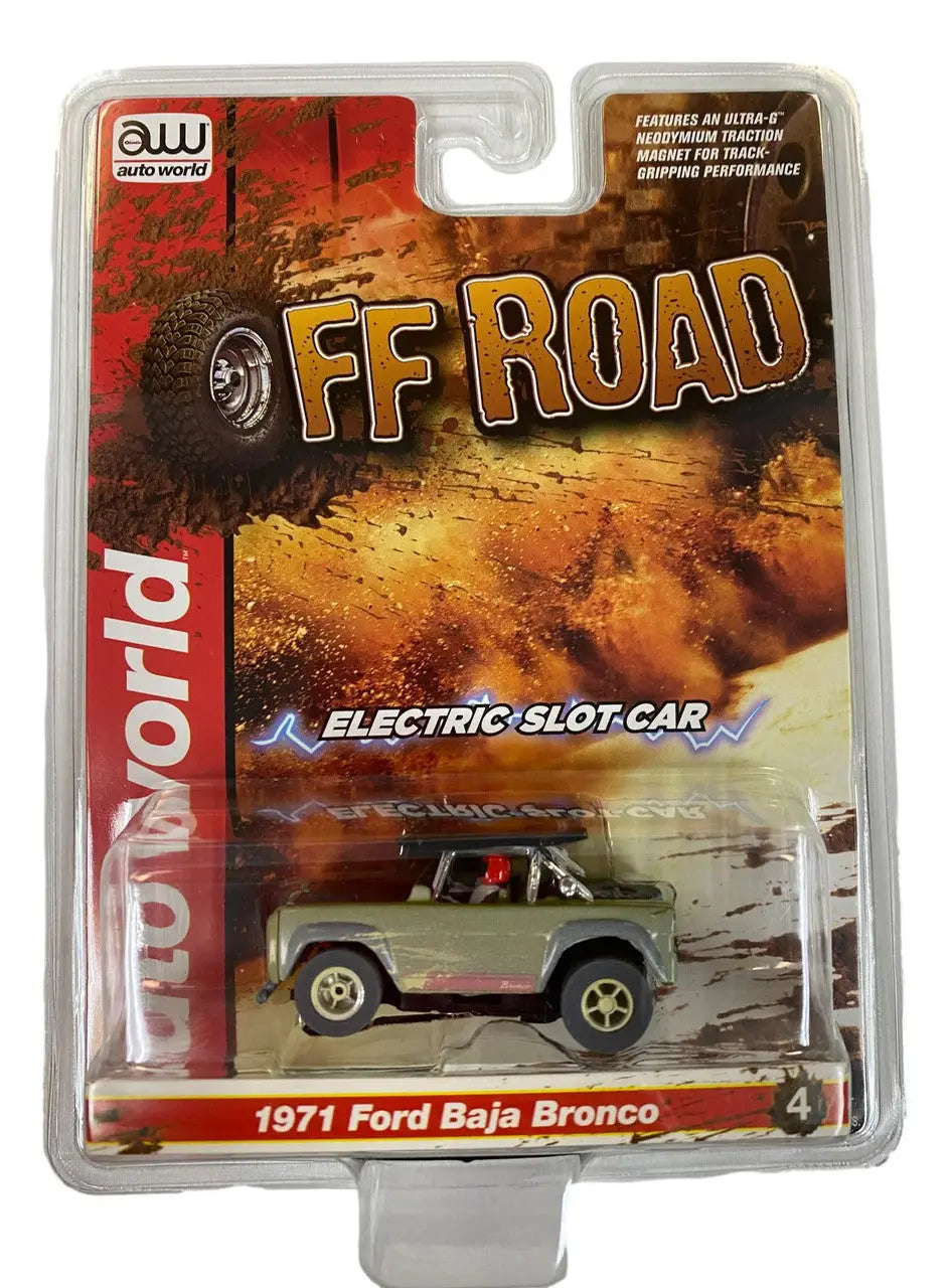 Packaged toy model of a Ford Baja Bronco in Green, SC375 R1 Slot Car design