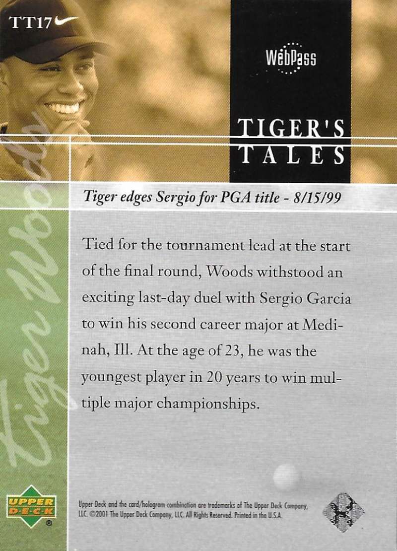 2001 Upper Deck Tiger's Tales #TT17 Tiger Woods EX Excellent Golf Card Image 2