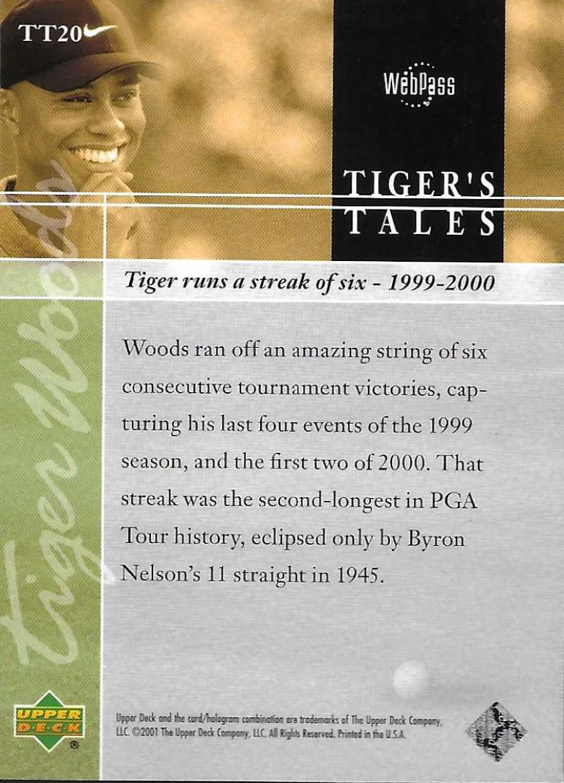 2001 Upper Deck Tiger's Tales #TT20 Tiger Woods EX Excellent Golf Card Image 2