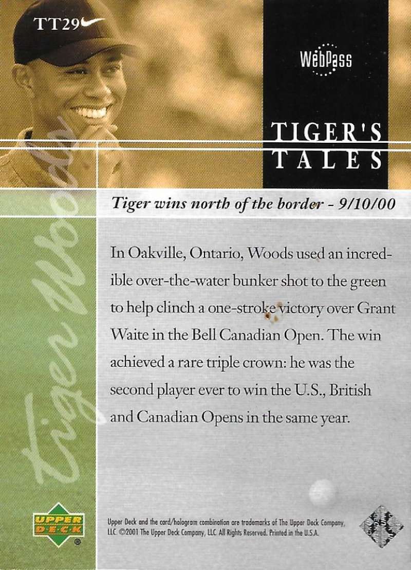 2001 Upper Deck Tiger's Tales #TT29 Tiger Woods EX Excellent Golf Card Image 2