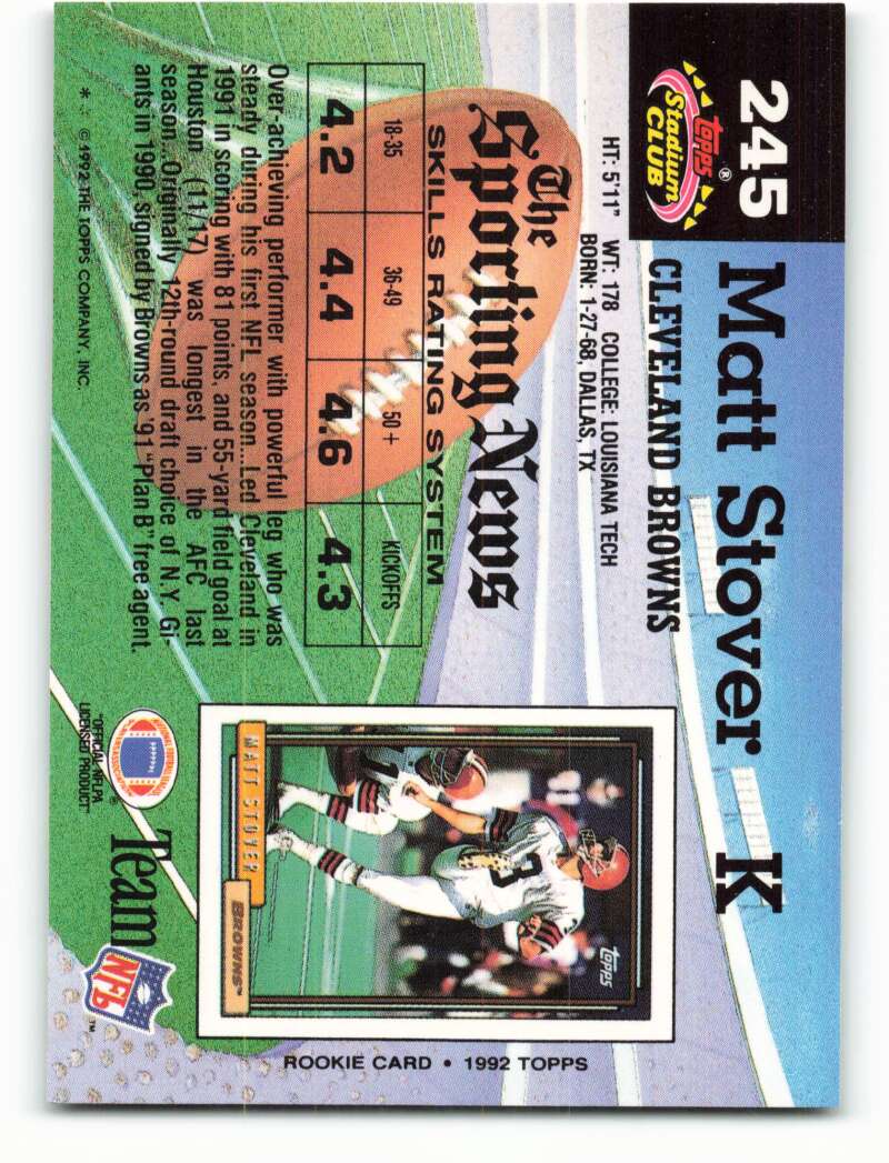 1992 Topps Stadium Club #245 Matt Stover EX Excellent Cleveland Browns Football Card Image 2